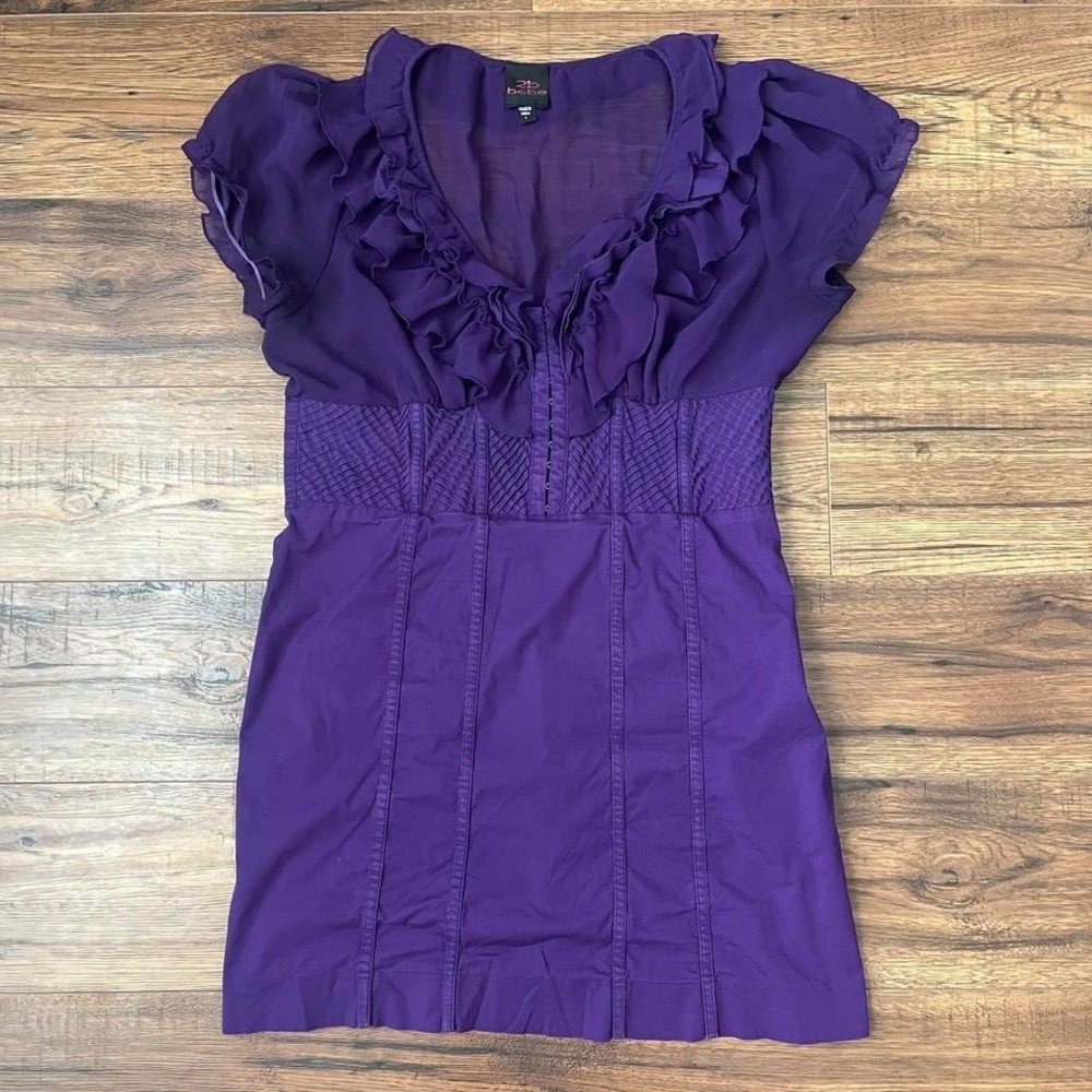 Bebe Purple Corset Dress Women Large Fitted Ruffle Neck Y2K 2000 Glam Goth Party
